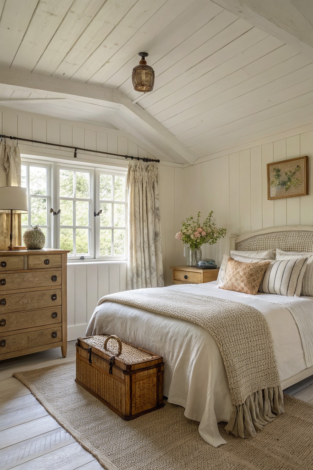 Bedroom walls painted in a warm white with white trim and wood accents.
