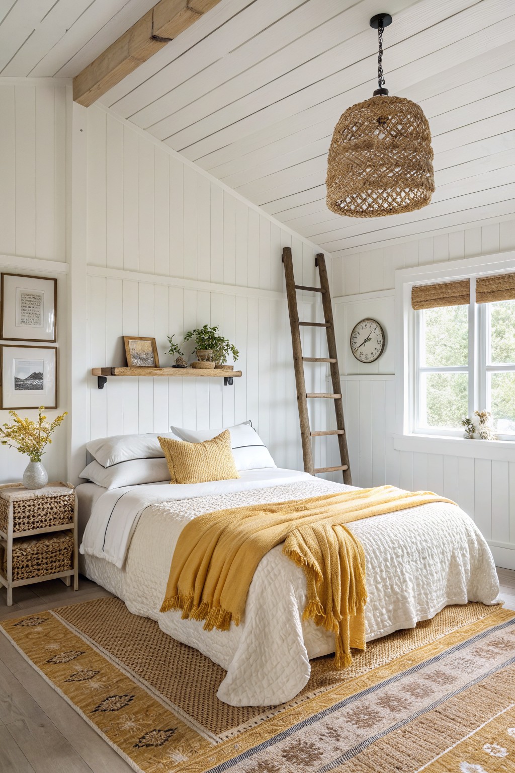 Crisp white walls and ceiling in a bright bedroom with vertical paneling.