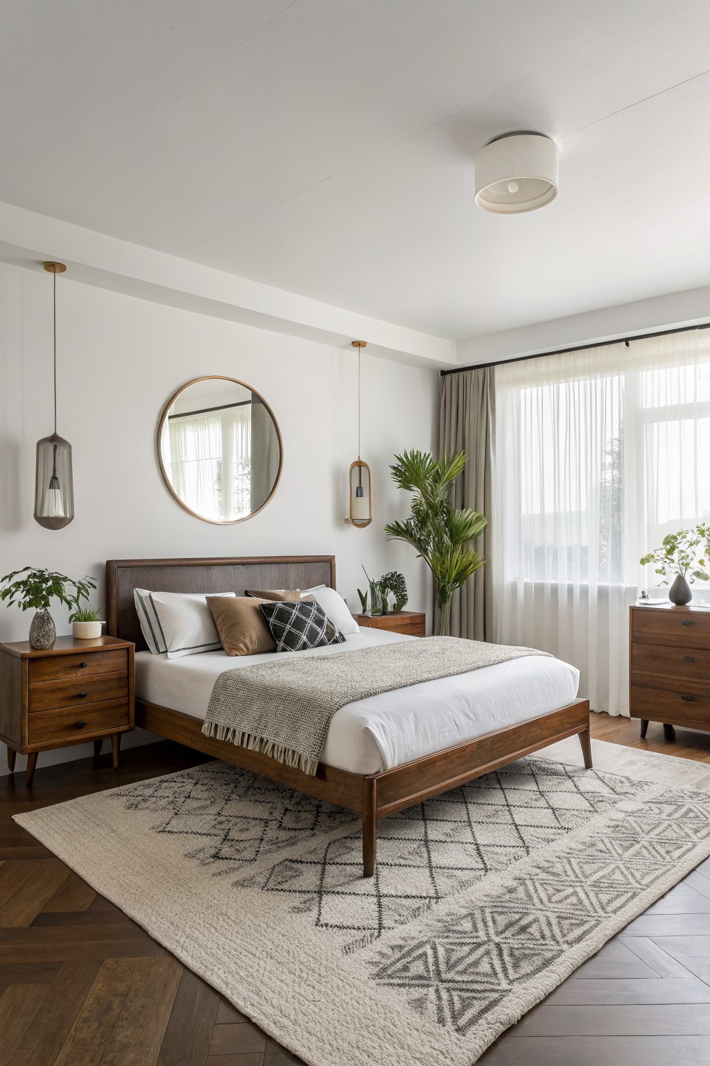 A bedroom with crisp white walls and dark wood furniture.