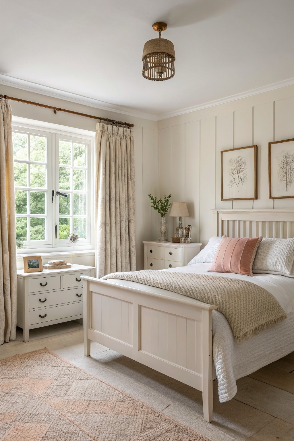 A bedroom with crisp white paneled walls and matching trim.