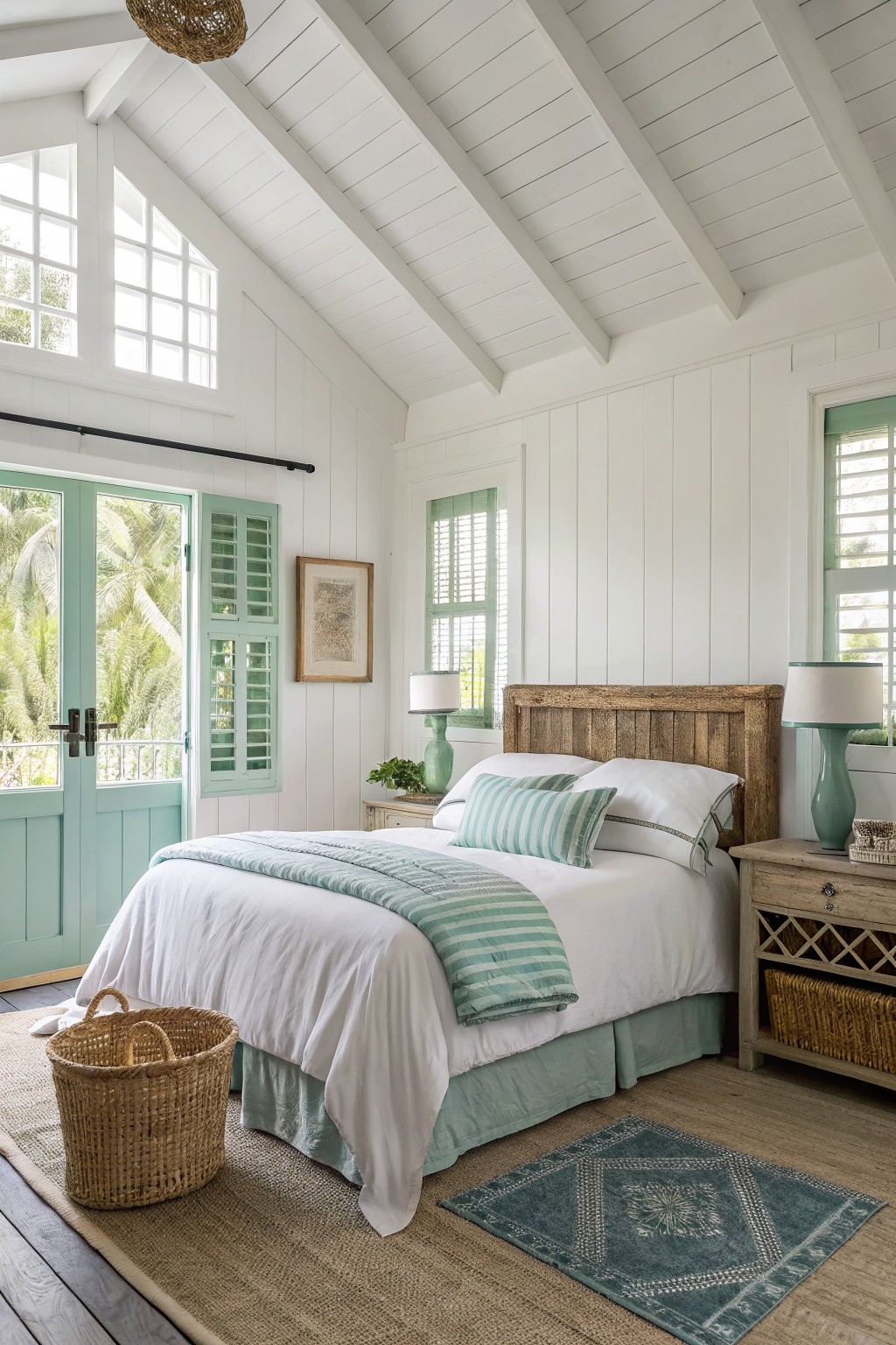 White walls in a bright bedroom with wood furniture and mint green trim.