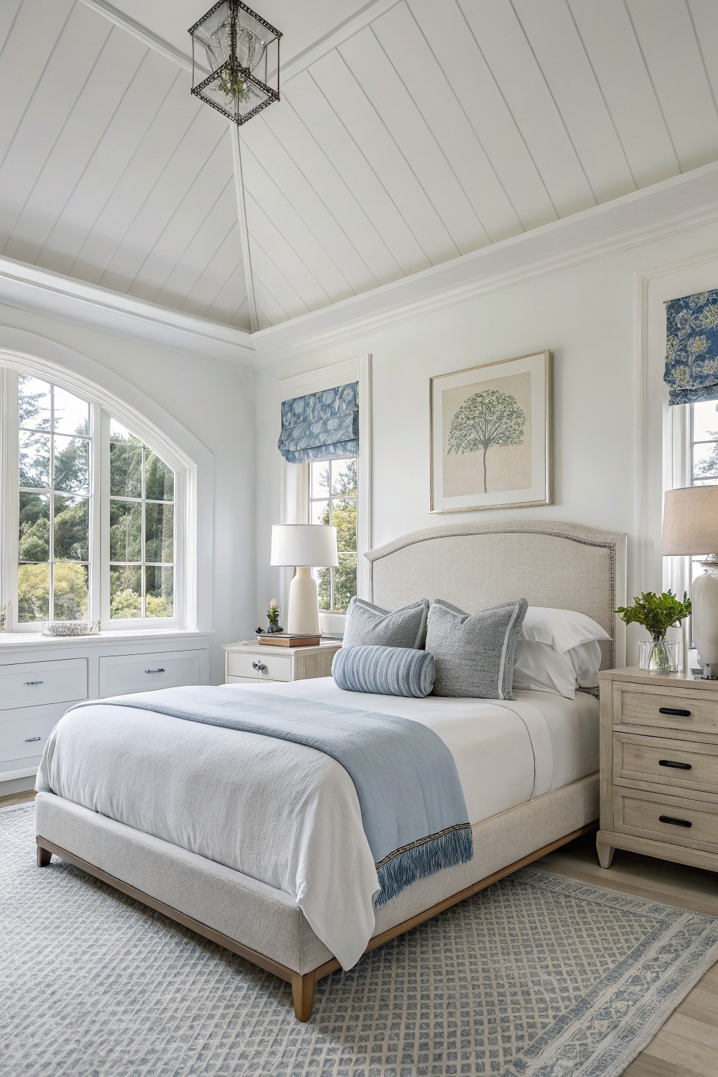 White walls brighten a bedroom with tall ceilings and arched windows.