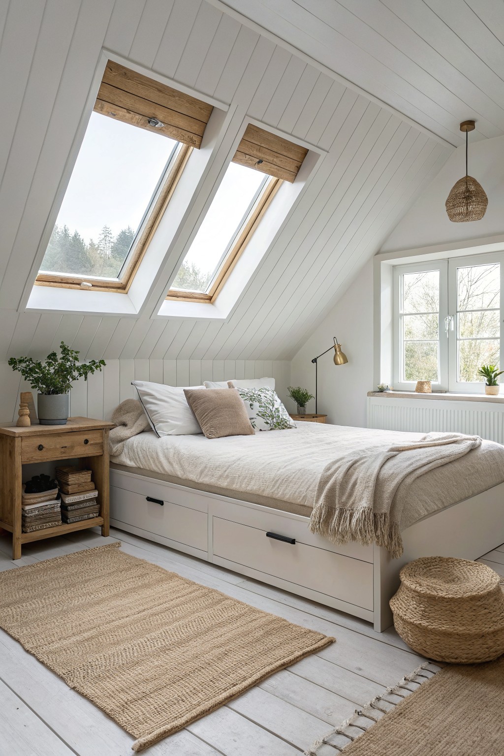 White painted walls and ceiling in a bright attic bedroom with skylights.