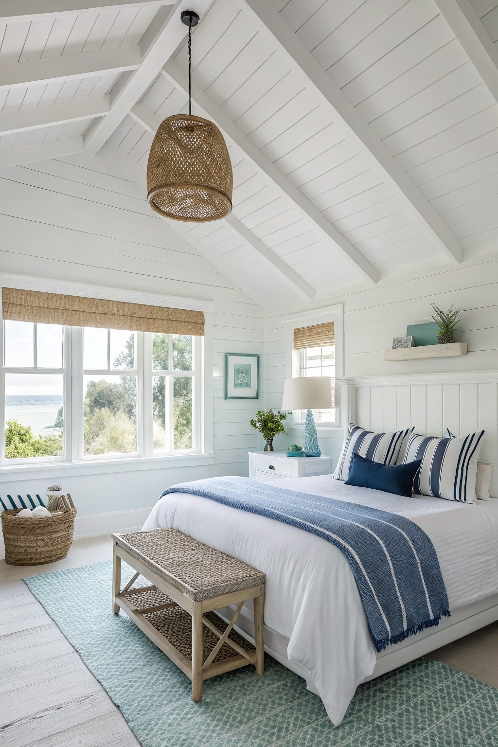 White walls and ceiling in a bright bedroom with exposed beams.