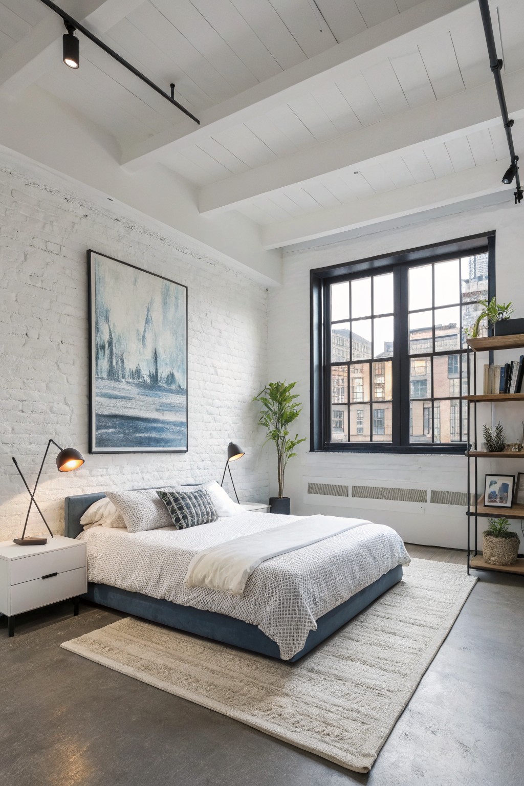 A bedroom with white painted brick walls and black window frames.