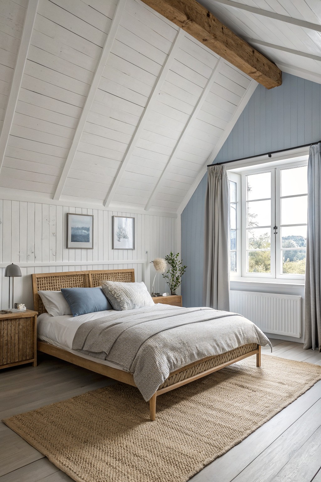 A bright white painted bedroom with a sloped ceiling and light wood furniture.