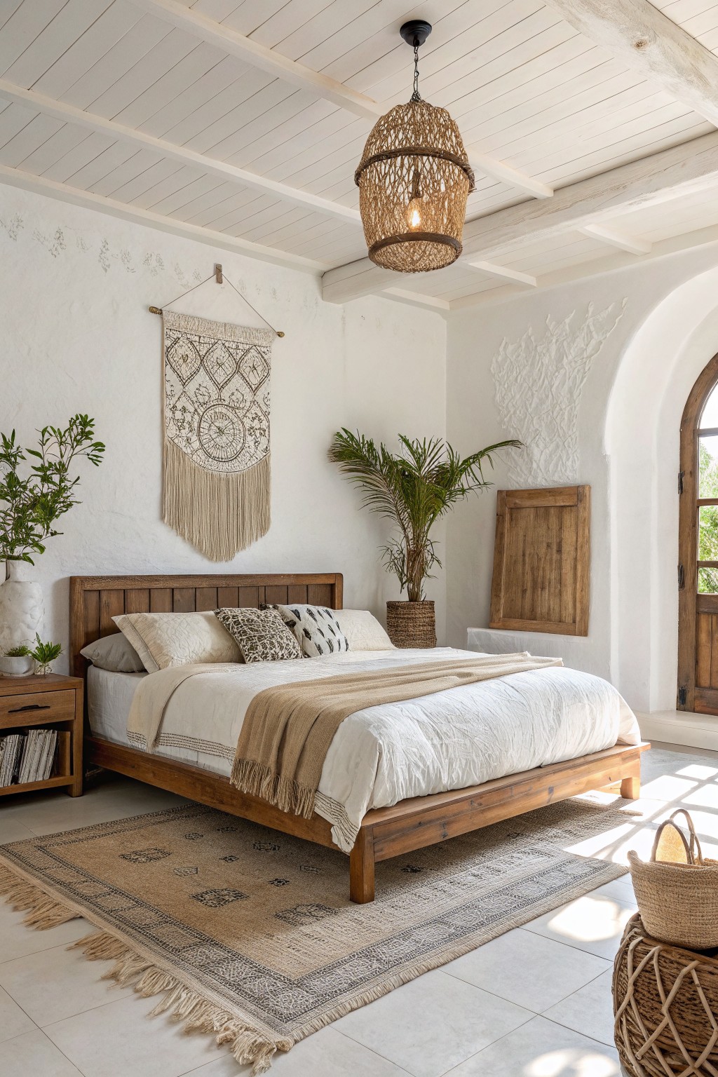 A bedroom with crisp white walls and wooden furniture.