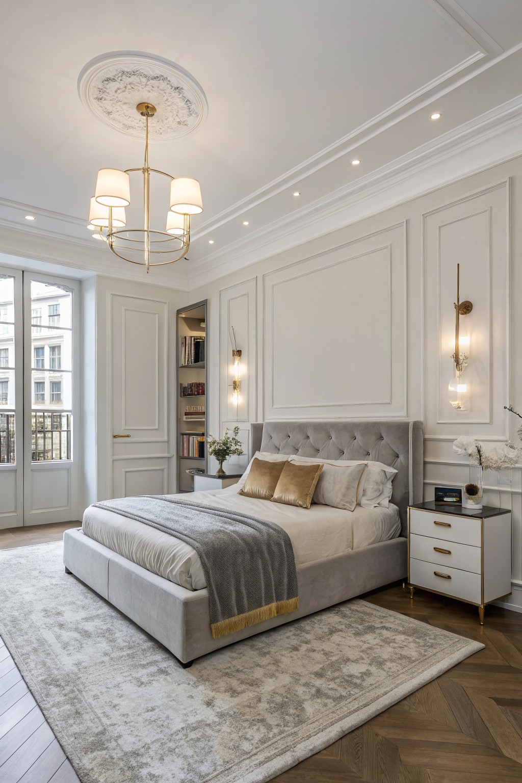 Crisp white walls with panel molding in a bedroom.