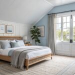 A bright white painted bedroom with a sloped ceiling and light wood furniture.