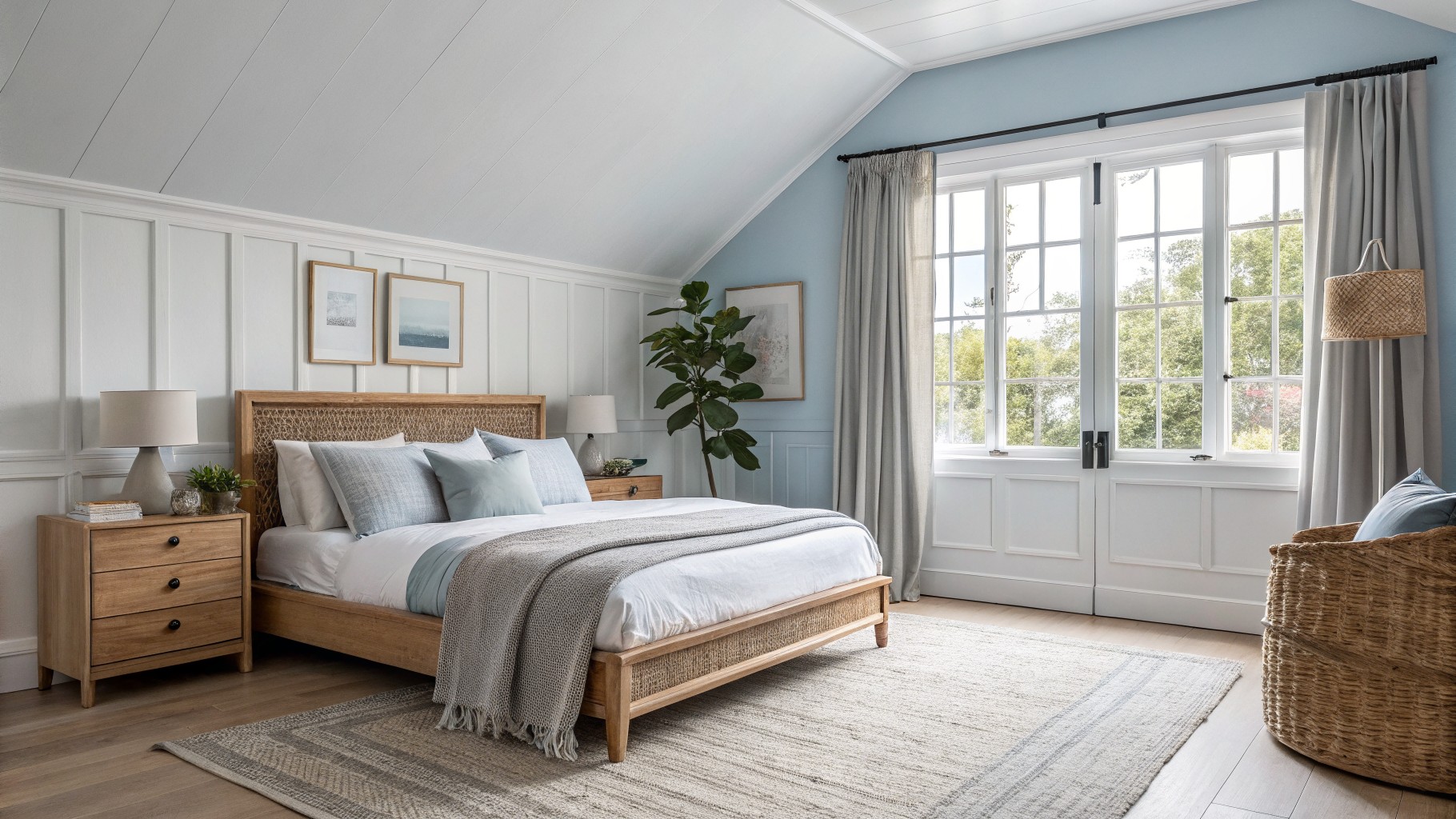 A bright white painted bedroom with a sloped ceiling and light wood furniture.