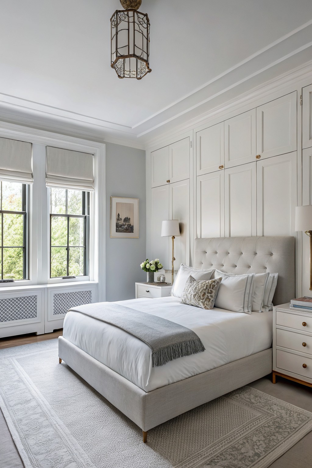Pale blue gray walls with white trim in a bedroom.