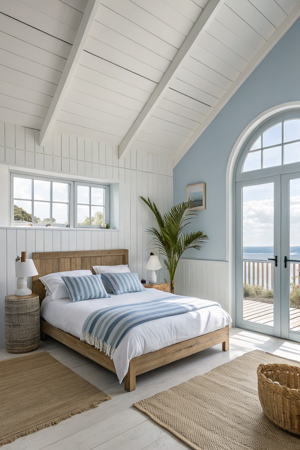 Bedroom with soft blue walls, white trim, and wood furniture beside a large window.