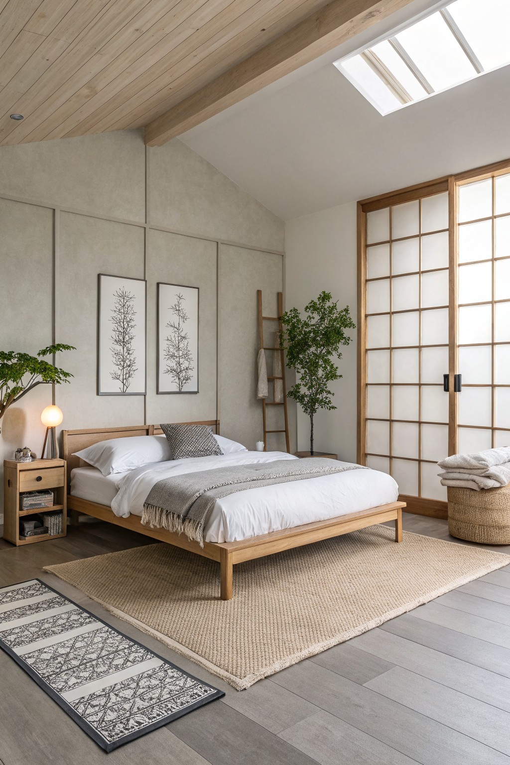 Bedroom with soft greige walls and light wood furniture.