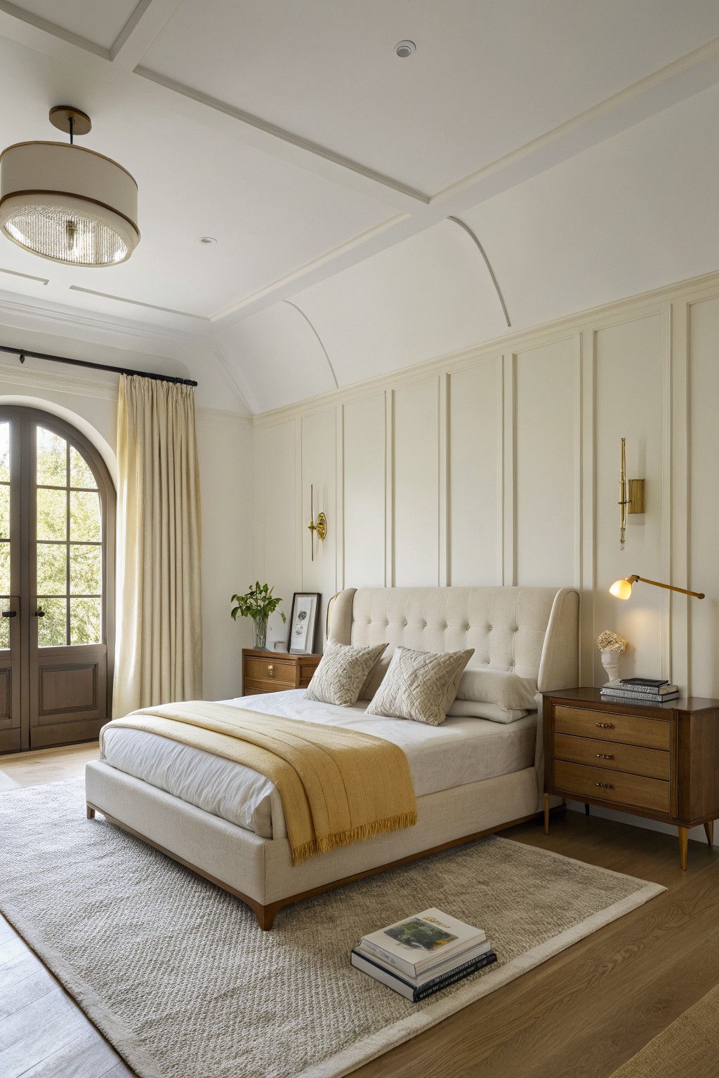 A bedroom featuring soft white walls with clean trim and an upholstered bed.