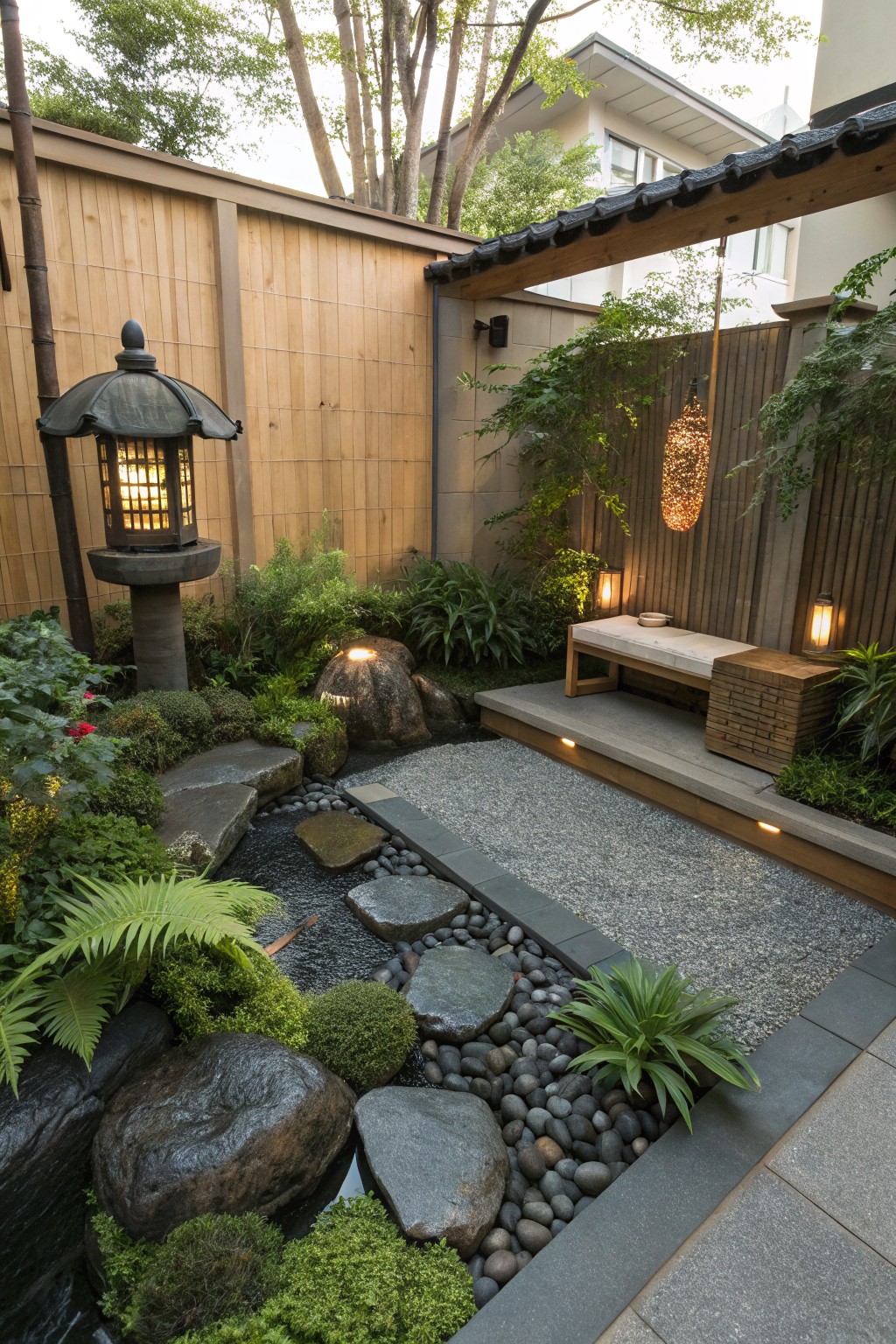 A compact backyard garden features a narrow water channel lined with large rocks and gravel, bordered by dense green plants, a wooden bench, and several lanterns.