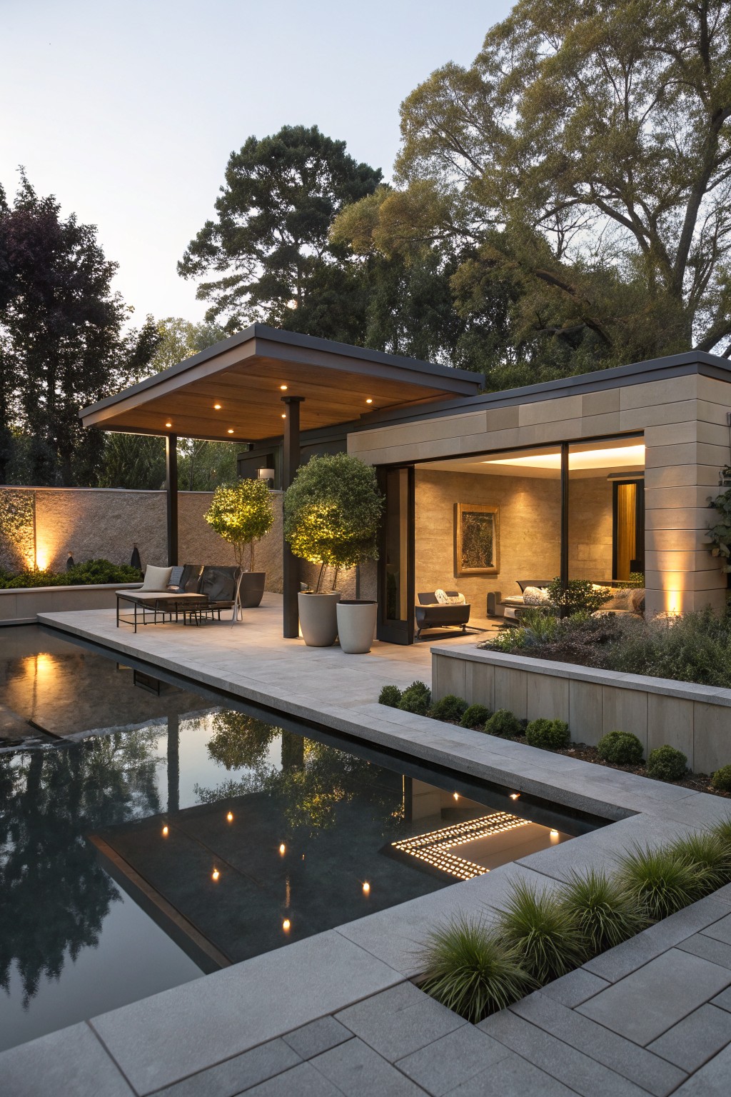 Modern villa with poolside patio, lounge seating, and glowing potted trees at dusk