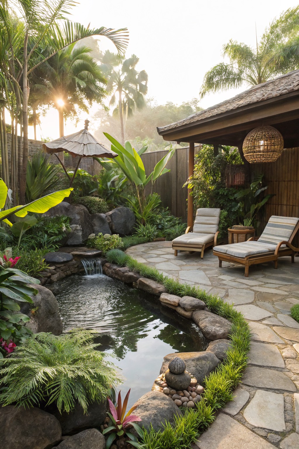 A small backyard pond with a stone edge and short waterfall, surrounded by dense green plants and a stone path leading to two lounge chairs under a covered patio area.