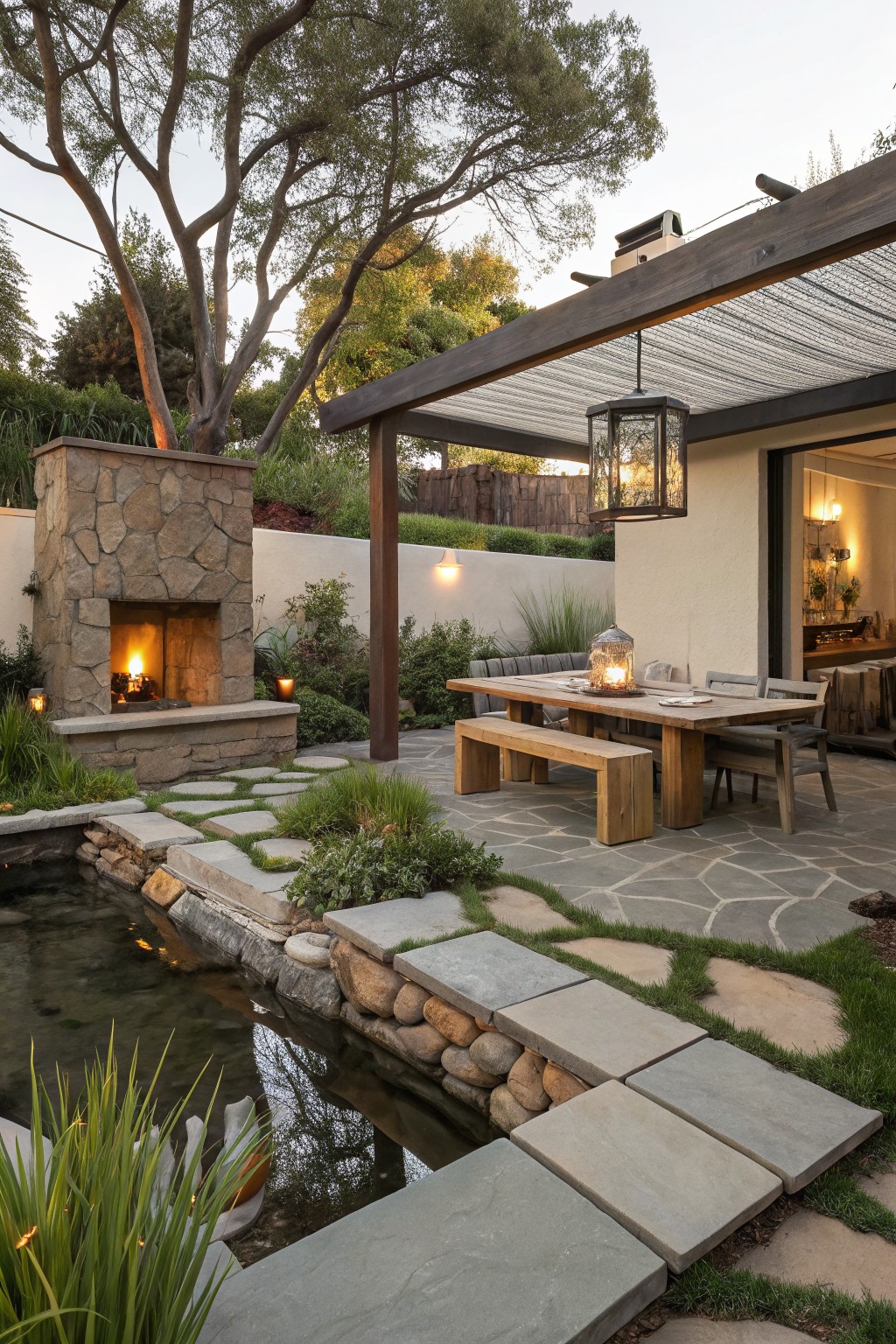Stone fireplace by pond with stepping stones to wooden dining table under pergola