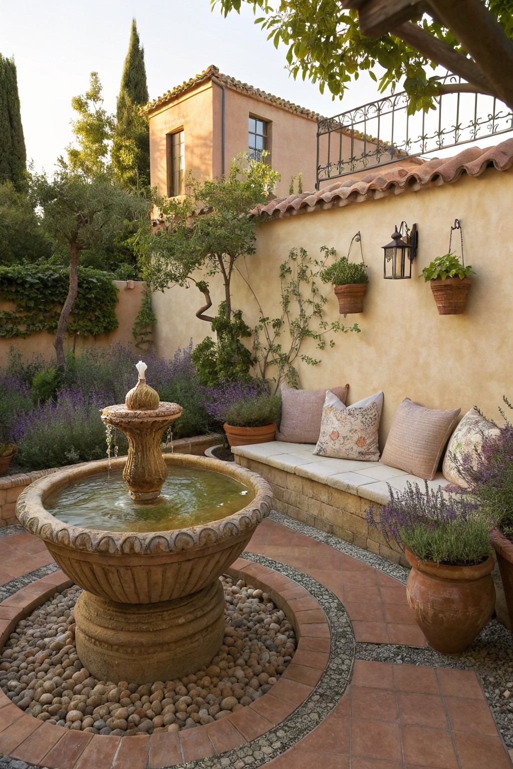 Stone fountain in Mediterranean courtyard with tiled patio, bench, and plants