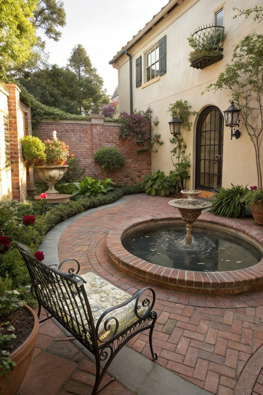 A small backyard patio made of circular brick paving with a central stone fountain, a metal bench in the foreground, and plants along the edges beside a stucco house.