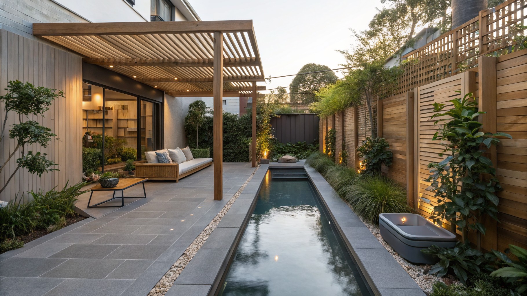 A narrow rectangular pool extends along a wooden fence beside a house, with a pergola overhead, stone patio seating area, and surrounding plants.