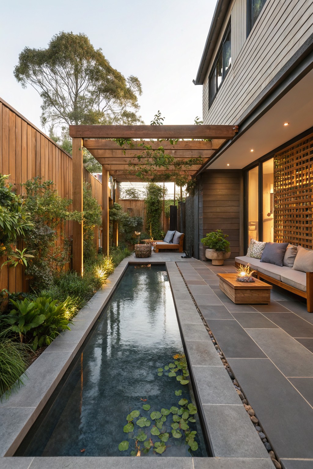 A narrow rectangular pool extends along a wooden fence beside a house, with a pergola overhead, stone patio seating area, and surrounding plants.