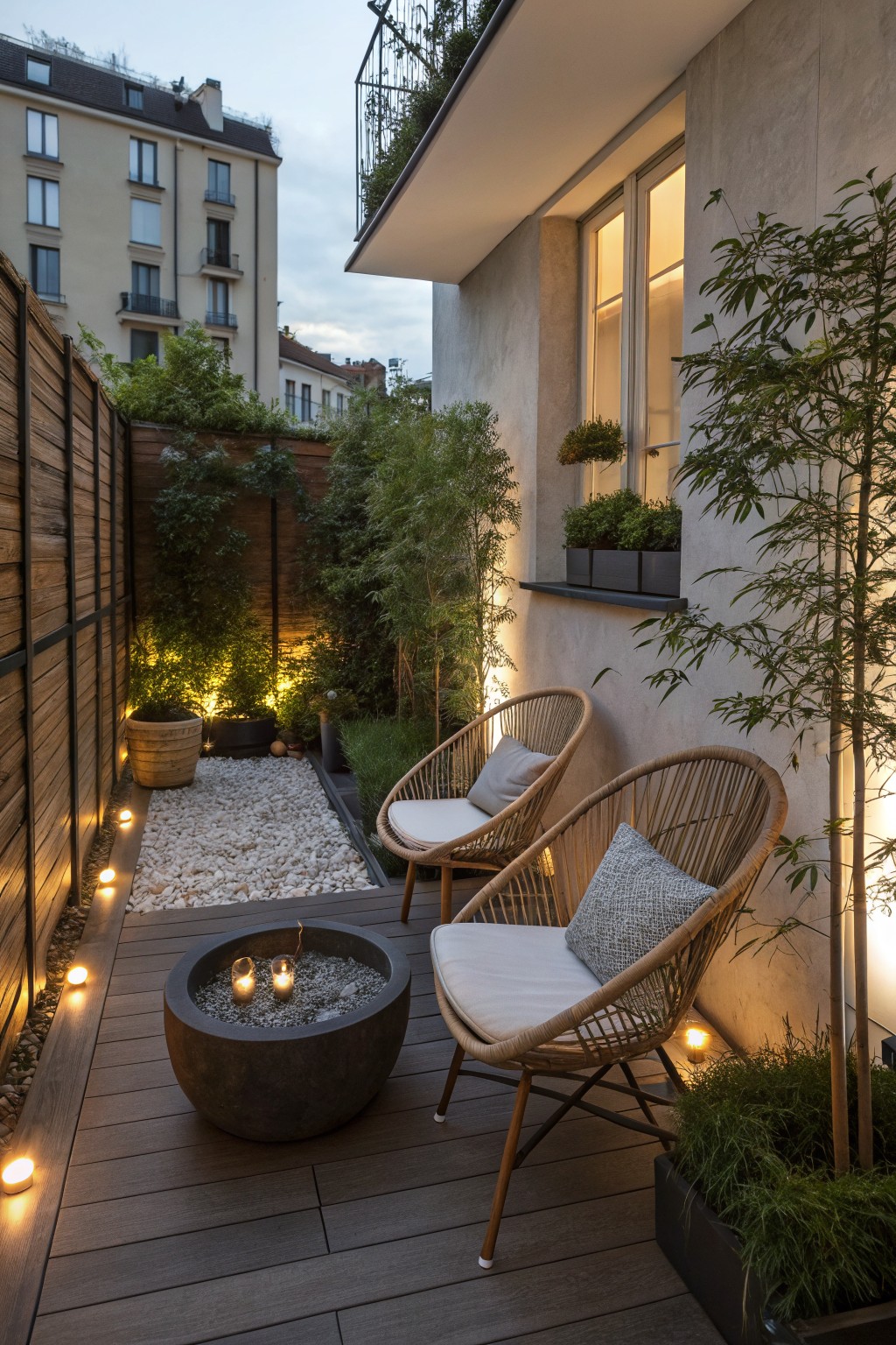 A small wooden deck with two woven chairs, a round concrete fire bowl holding candles, string lights along the edges, and potted plants against a building wall.