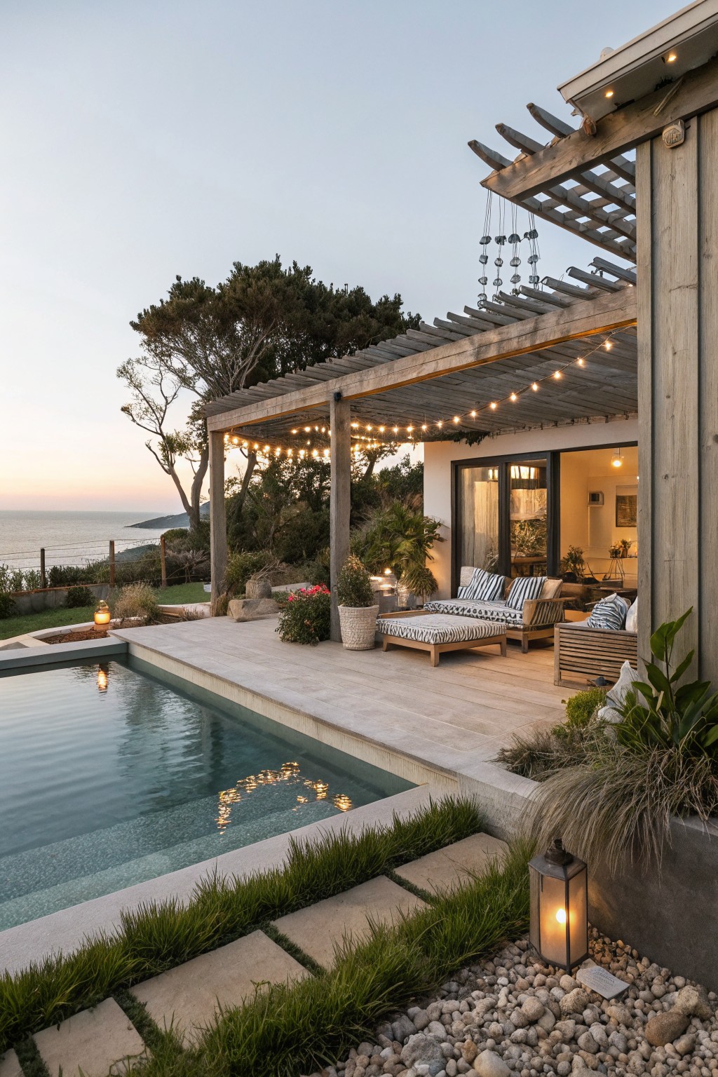 A wooden pergola with string lights over outdoor seating next to a swimming pool with an ocean view in the background.