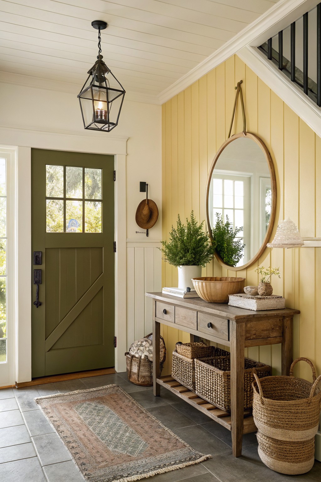 Rustic entryway with green door, yellow walls, wooden console, round mirror, and lantern.