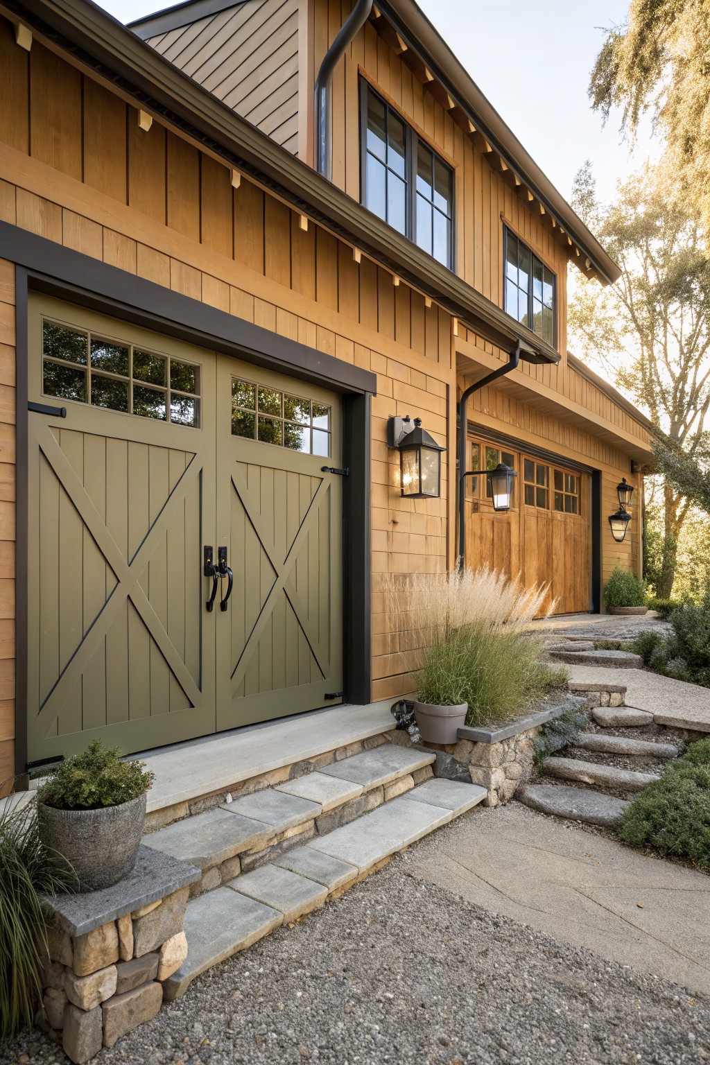 Olive green garage doors on a wood-sided farmhouse exterior.