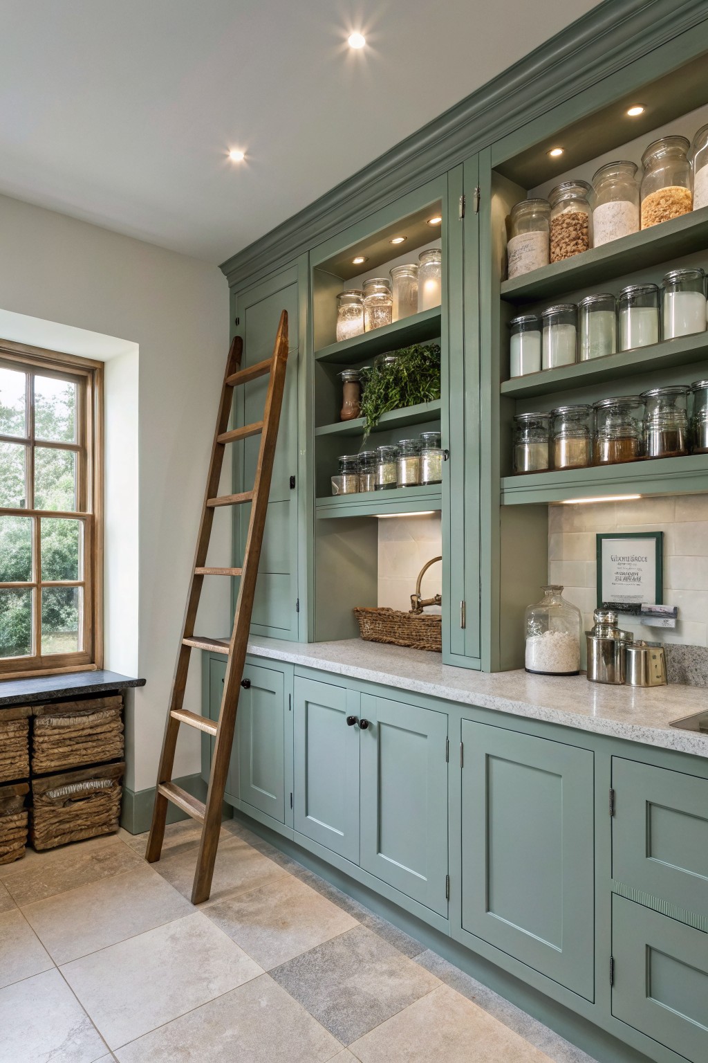 Sage green cabinets line a kitchen wall with open shelves and a wooden ladder.