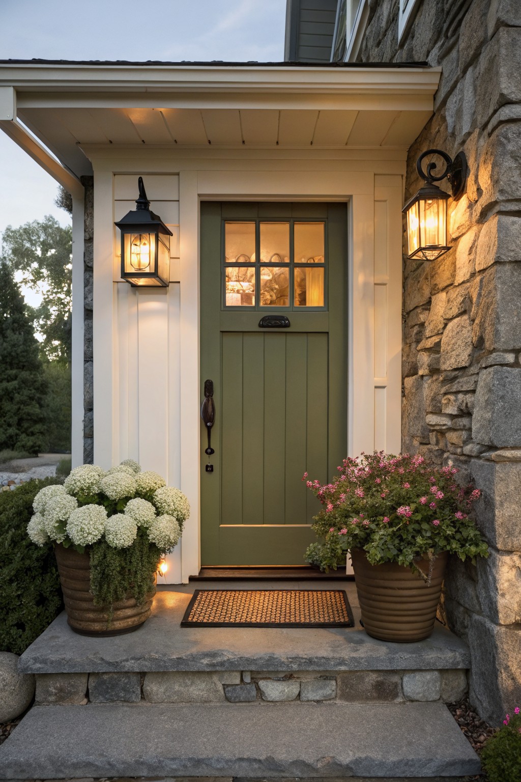 A sage green front door on a house with stone and white trim.