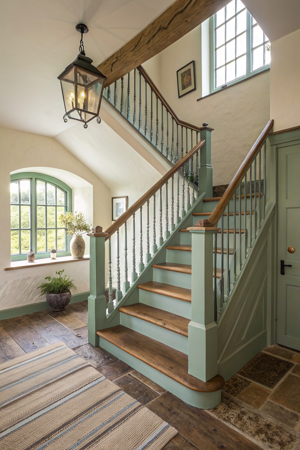 A staircase painted in soft sage green with wooden treads and railings.