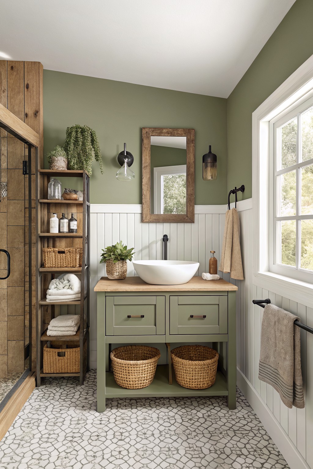 A bathroom featuring soft sage green walls with white beadboard wainscoting.