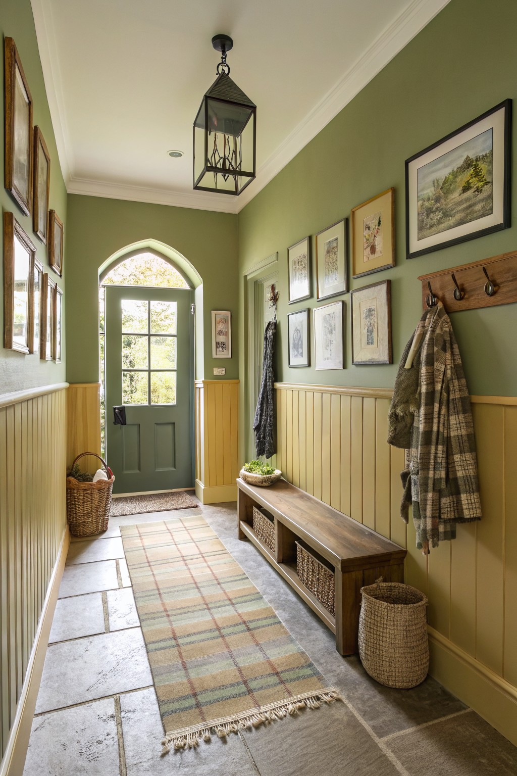 A hallway painted in soft sage green with wood wainscoting.