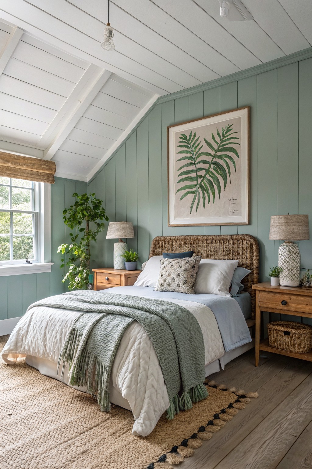 A bedroom featuring soft sage green walls and natural wood furniture.