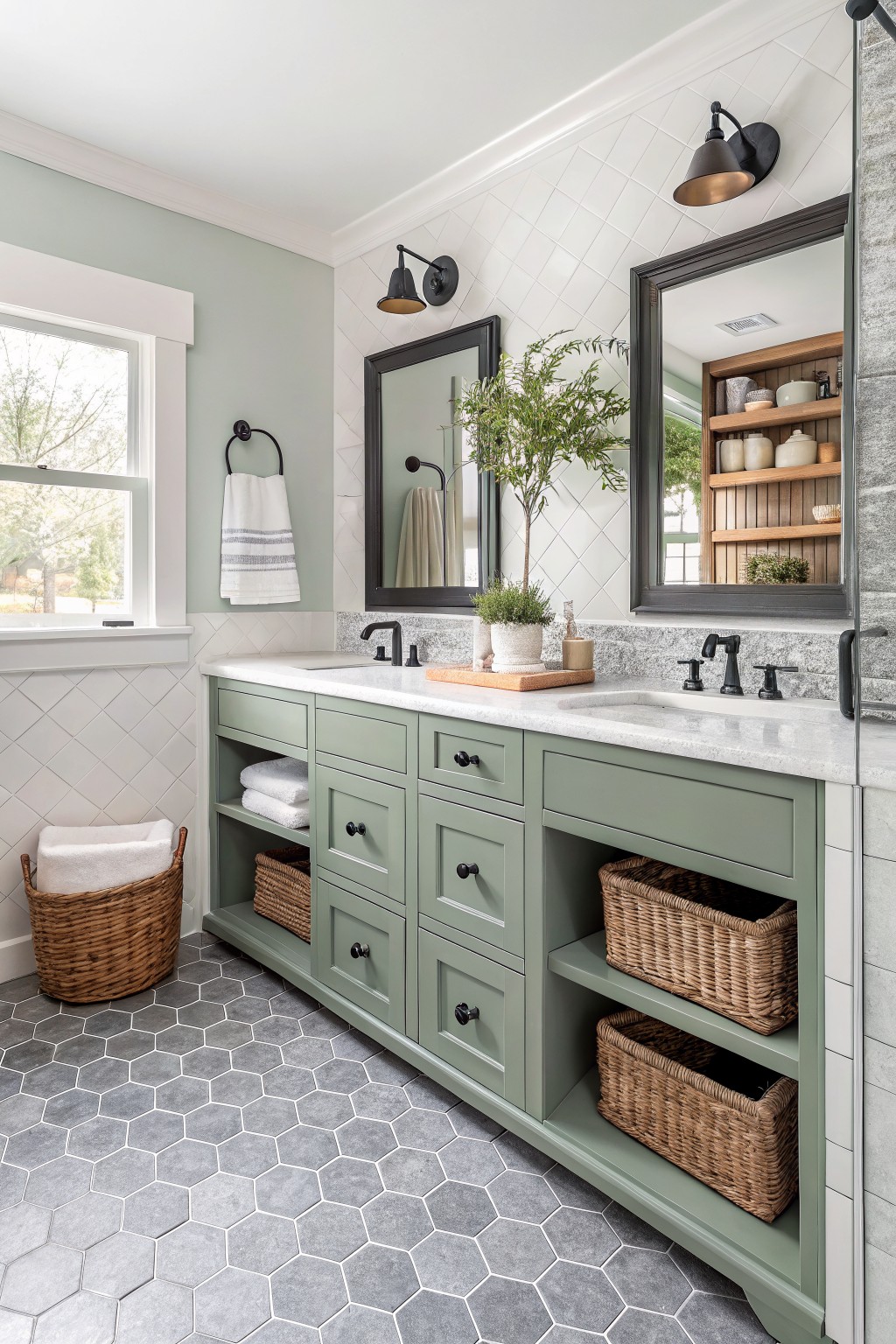Sage green painted bathroom vanity with white countertop and open shelving.