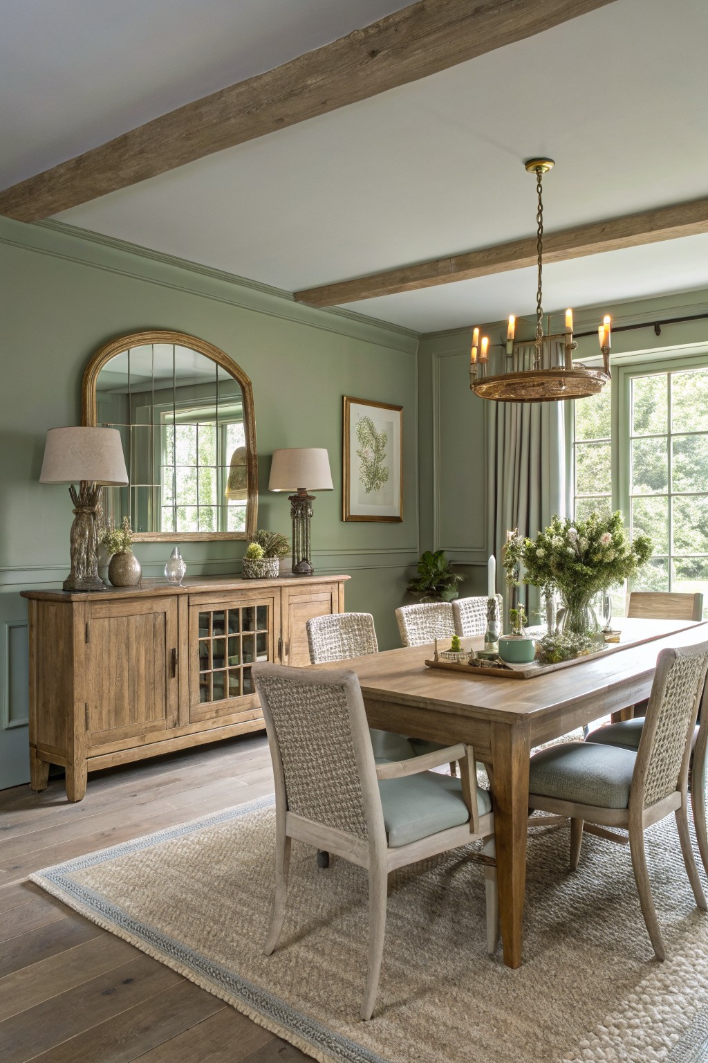 Sage green walls in a farmhouse dining room with wood furniture.