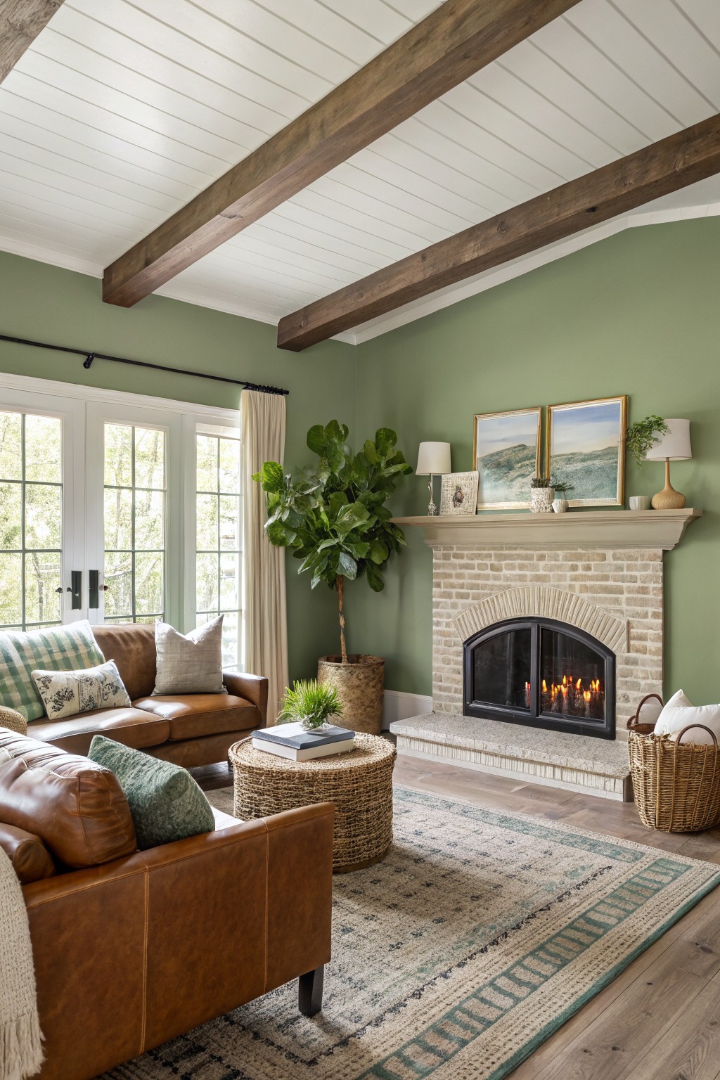 Sage green walls in a living room with a brick fireplace and leather furniture.