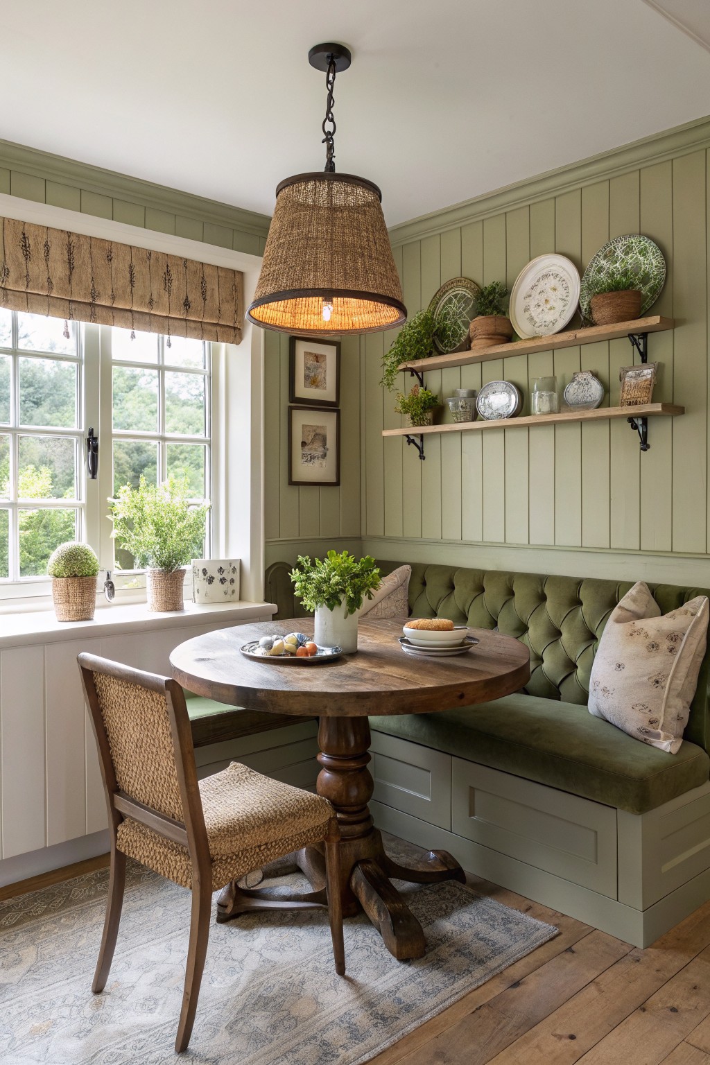 Cozy sage green breakfast nook with round wooden table and burlap pendant light