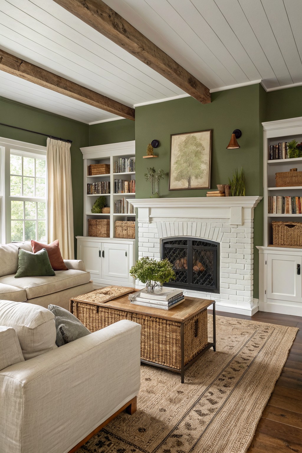 Living room with deep olive green walls and white fireplace.