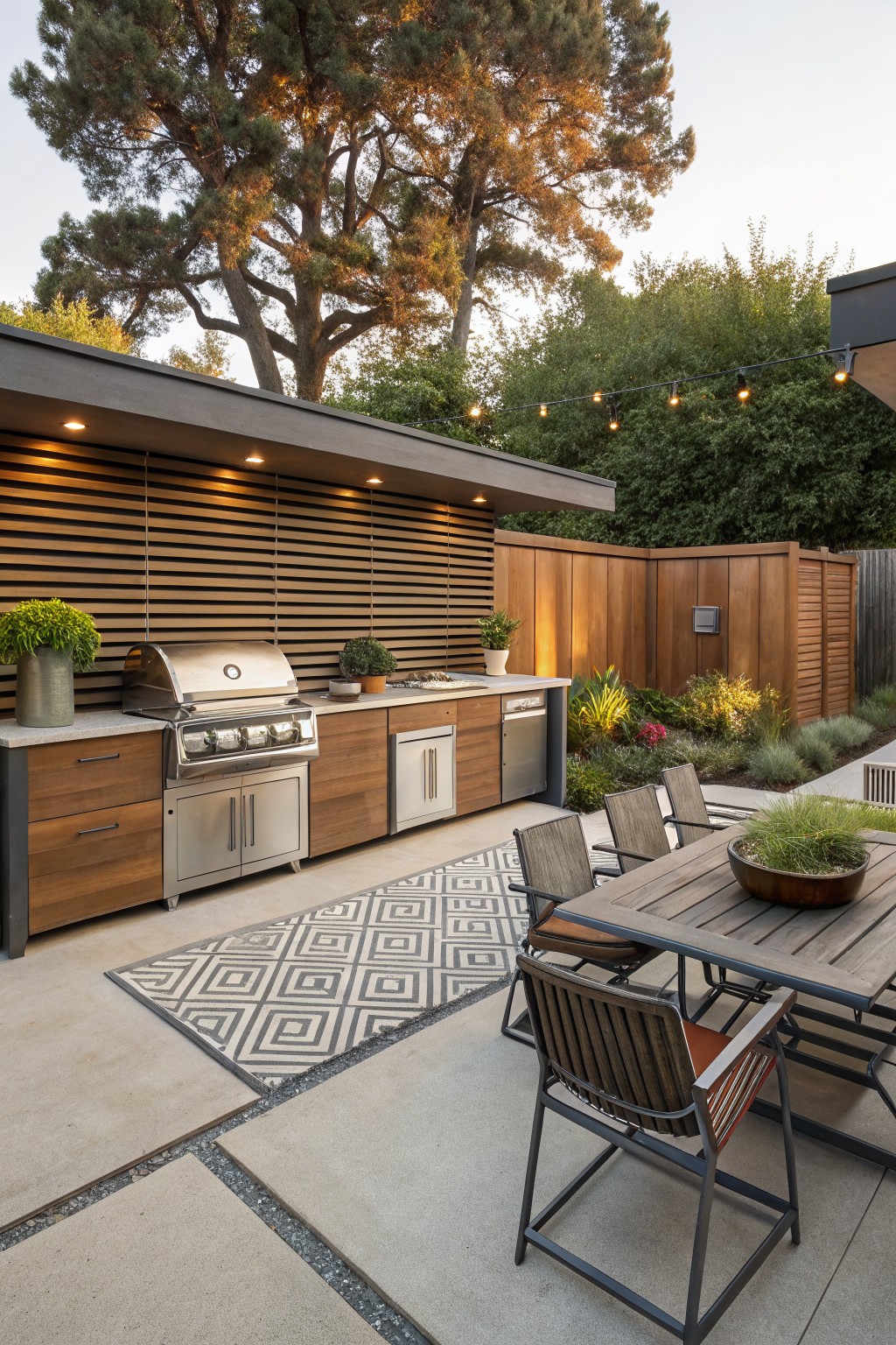 An outdoor patio with a built-in kitchen featuring a stainless steel grill, wooden cabinets, a dining table with chairs, and a geometric rug on concrete.