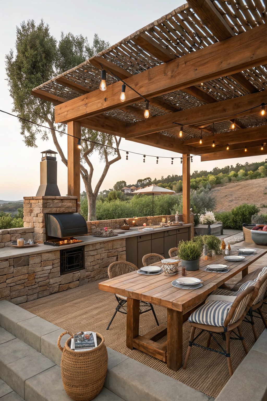 A long wooden dining table set with plates sits on a rug under a wooden pergola next to a stone outdoor kitchen with a pizza oven.