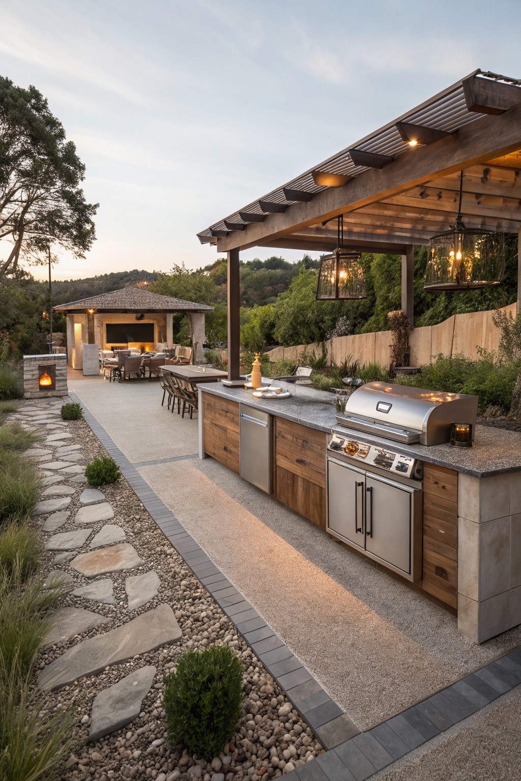 An outdoor kitchen featuring a stainless steel grill and wooden cabinetry under a wooden pergola, with a stone pathway leading toward a distant covered seating area.