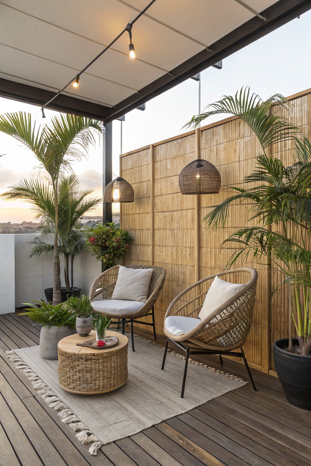 Outdoor deck seating area with two wicker chairs on a rug, a round woven table, potted palms, and tall bamboo privacy screens with hanging pendant lights.