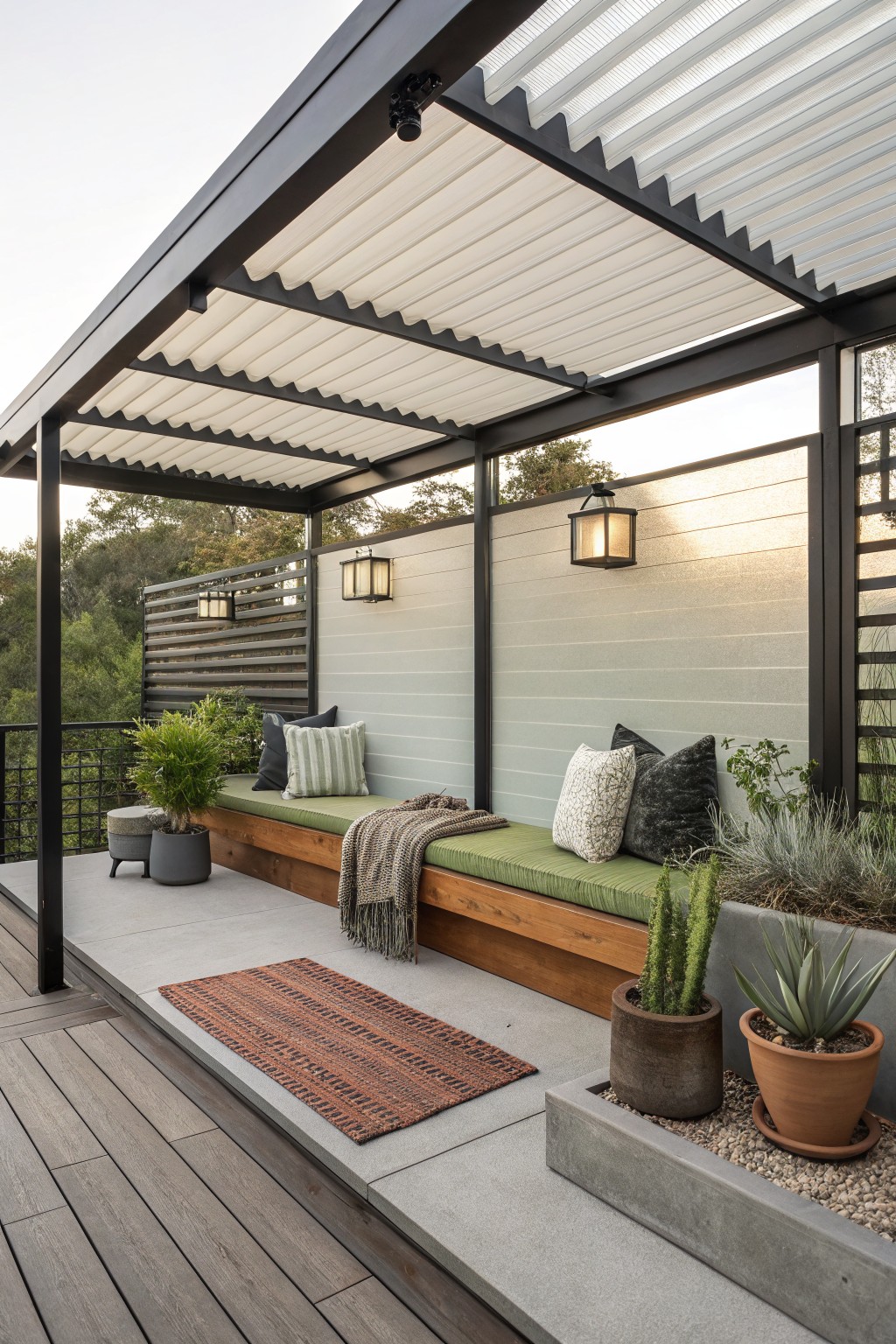 Modern patio with wooden bench, green cushions, pillows, rug and potted plants under pergola