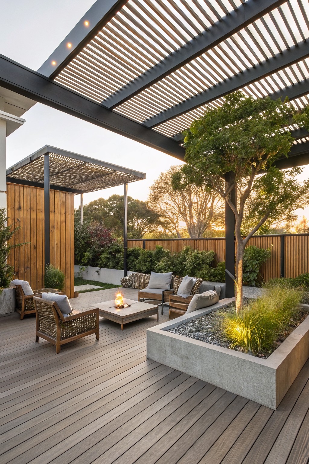 Modern deck with dark wood flooring, overhead pergola, fire pit seating area, and large concrete planter holding tall grasses and a tree along the right edge.