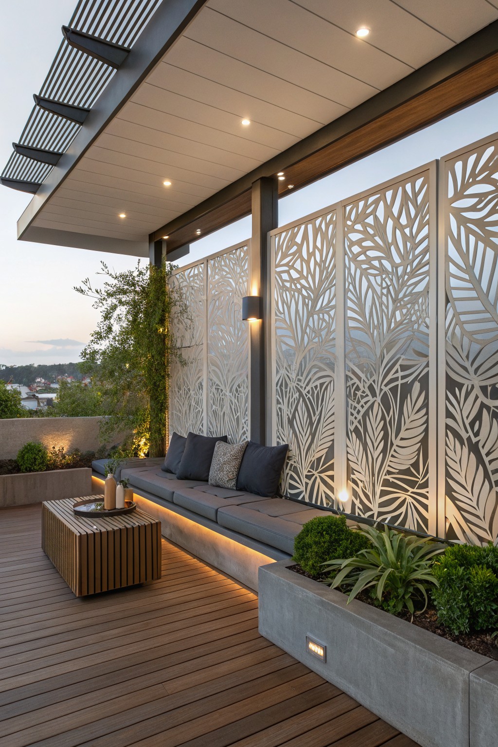 Modern deck with built-in bench seating, gray cushions, leaf-patterned metal privacy screens, wooden coffee table, and concrete planters with greenery.