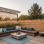 Modern wooden deck with gray sectional sofa, blue rug, and potted plants
