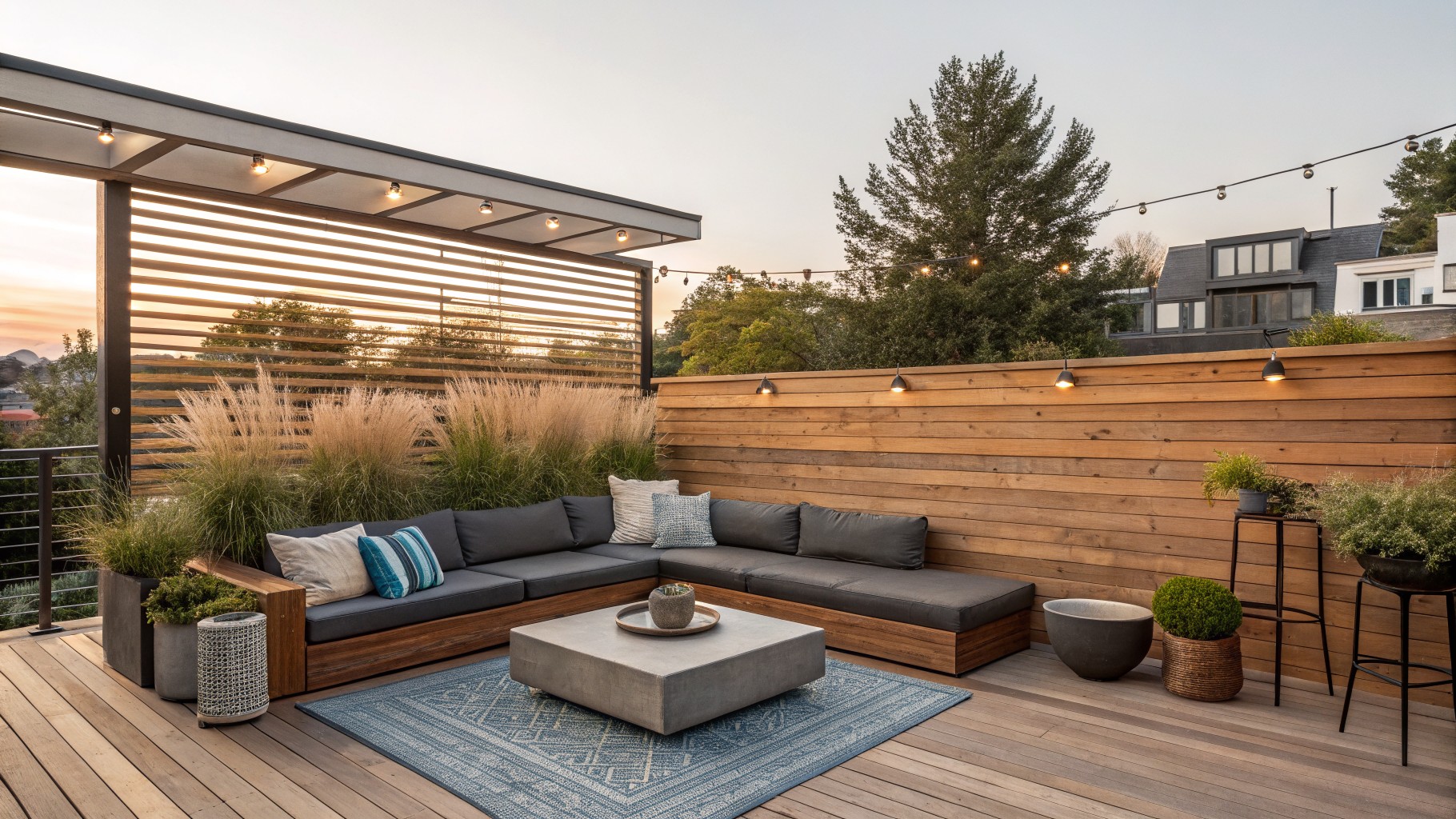 Modern wooden deck with gray sectional sofa, blue rug, and potted plants